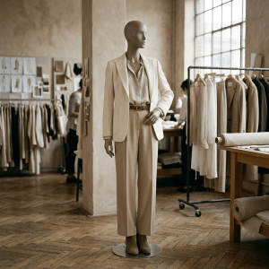 Mannequin wearing beige blazer, cream blouse, beige trousers, and brown belt in a design studio